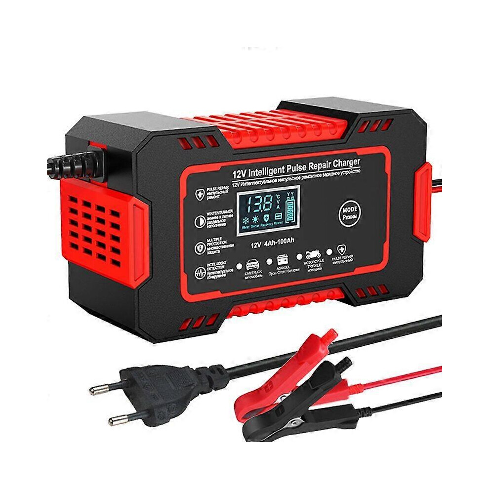 (Red, One size) Car Battery Charger 12V 6A Pulse Repair LCD Display Smart Fast Charge AGM Deep Cycle GEL Lead-Acid Charger For Auto Motorcycle