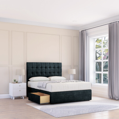 (Single, Black) Alabama Divan Bed Base ,2 Drawers & 26" Struts Headboard