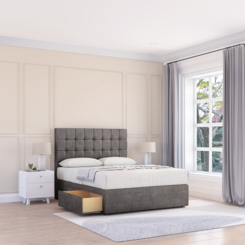 (Single, Grey) Alabama Divan Bed Base ,2 Drawers & 26" Struts Headboard