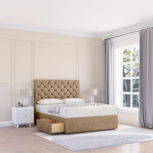 (Single, Light Brown) Mayfair Naples Divan Bed Base ,2 Drawers & 26" Struts Headboard