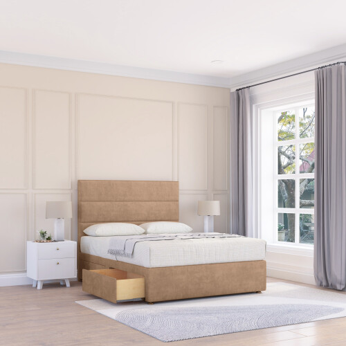 (Single, Light Beige) Texas Naples Divan Bed Base ,2 Drawers & 26" Struts Headboard