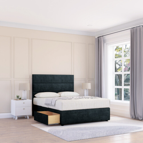 (Double, Black) Texas Naples Divan Bed Base ,2 Drawers & 26" Struts Headboard