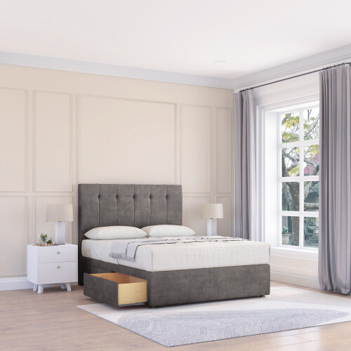 (Small Single, Grey) Highbury Naples Divan Bed Base ,2 Drawers & 26" Struts Headboard