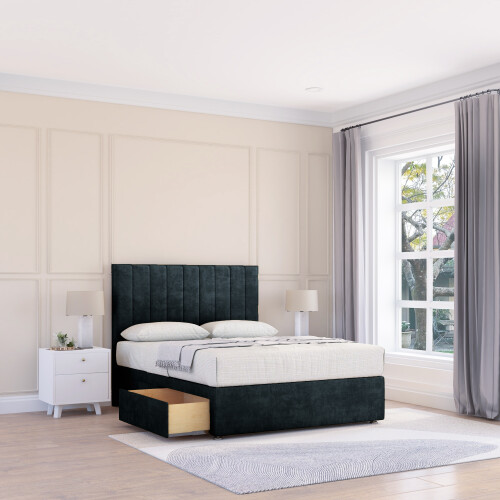(Double, Black) Kansas Naples Divan Bed Base ,2 Drawers & 26" Struts Headboard