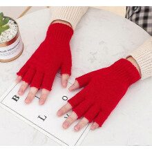 (As show, One size) 2 Pairs Fingerless Gloves Half Finger Mittens Winter Solid Color Knitted Typing Gloves for Boys and Girls-Red