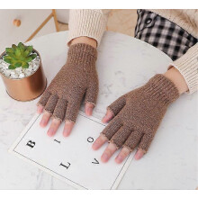 (As show, One size) 2 Pairs Fingerless Gloves Half Finger Mittens Winter Solid Color Knitted Typing Gloves for Boys and Girl-Light brown