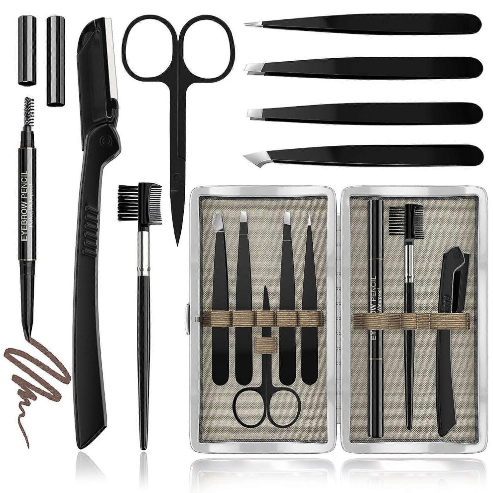 (As show, One size) Kit, 8in1, Multipurpose Eyebrow Tweezers Kit, Eyebrow Shaping, Grooming and Trimming Kit, Includes Razor, Pencil, Scissors and Bru