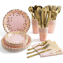 (As show, One size) 175 Piece Gold Party Supplies Set - Disposable Paper Dinnerware Serves 25 - Gold Dot Paper Plates Napkins Cups-Pink polka dots