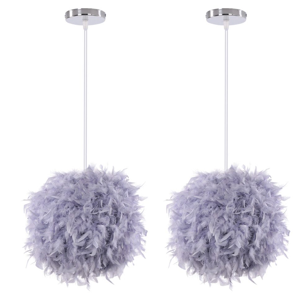 (2 Pack) Modern Feather Pendant Light Fluffy Feather Pendant Lamp ,Feather Light Shade ,for Bedroom, Living Room, Wedding (Grey)