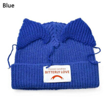 (blue) Cat Ear Patch Knitted Hat Couple Knitted Piglet Wool Hat Cold Hat Autumn Winter Warm Hat Beanies Hat Cap Hip Hop Women Hat