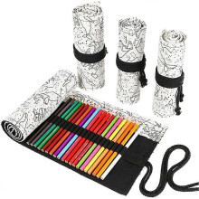 (As show, One size) 24/36/72 Slots Pencil Wrap Pencil Rolls, Artist Colored Pencils Roll Up Bag Short Brushes Pouch Case Pencils Organizer(White Starry Sky, 24slots)