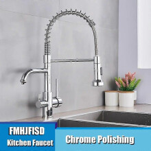 (Chrome) FMHJFISD Filtered Water Kitchen Faucet Double Sprayer Vessel Sink Mixer Tap Deck Mounted Single Hole Faucet Hot And Cold Mixer