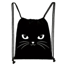 (skdblackcats01) Cute Black Cat Drawstring Bag Women Shopping Bags Canvas Travel Bag Fashion Storage Bags Teenager Girls Backpack