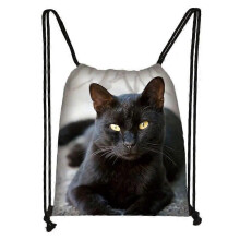 (skdblackcats05) Cute Black Cat Drawstring Bag Women Shopping Bags Canvas Travel Bag Fashion Storage Bags Teenager Girls Backpack