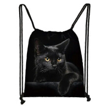 (skdblackcats07) Cute Black Cat Drawstring Bag Women Shopping Bags Canvas Travel Bag Fashion Storage Bags Teenager Girls Backpack