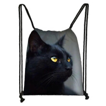 (skdblackcats15) Cute Black Cat Drawstring Bag Women Shopping Bags Canvas Travel Bag Fashion Storage Bags Teenager Girls Backpack