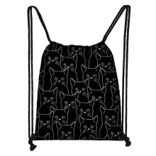 (skdblackcats12) Cute Black Cat Drawstring Bag Women Shopping Bags Canvas Travel Bag Fashion Storage Bags Teenager Girls Backpack