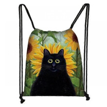 (skdblackcats26) Cute Black Cat Drawstring Bag Women Shopping Bags Canvas Travel Bag Fashion Storage Bags Teenager Girls Backpack