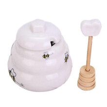 (As show, One size) Ceramic Beehive Honey Pot and Wooden Dipper, MiniCeramic Beehive Honey Pot with Dipper