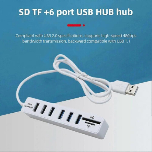 (Black) USB 2.0 Hub 6 Port Hub Multi Splitter Port 100cm Long cable Multiple Expanderfor Computer Laptop PC USB Adapter Accessories 2