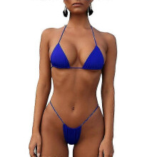 (Blue) Lace-up Bikini Sexy Solid Color Two-piece Ladies Swimsuit Set - Ri