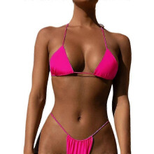 (Rose Red) Lace-up Bikini Sexy Solid Color Two-piece Ladies Swimsuit Set - Ri