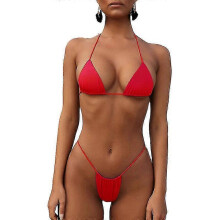 (Red) Lace-up Bikini Sexy Solid Color Two-piece Ladies Swimsuit Set - Ri