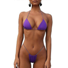 (Purple) Lace-up Bikini Sexy Solid Color Two-piece Ladies Swimsuit Set - Ri