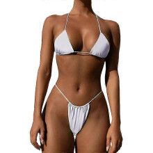 (White) Lace-up Bikini Sexy Solid Color Two-piece Ladies Swimsuit Set - Ri