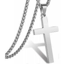 (24 Inches, Silver) Cross Necklace For Men Boys Women 16-24 Inches Stainless Steel Cross Pendant Chain Religious Gift - Ri