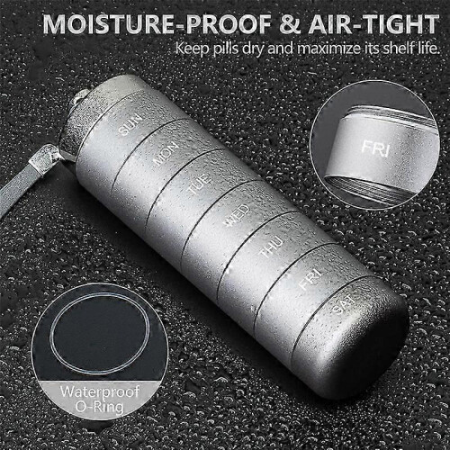 (Grey) Metal Pill Organizer Weekly,Stackable Waterproof Travel Pill Box,Pill Case Container,7 Day Daily Med 1