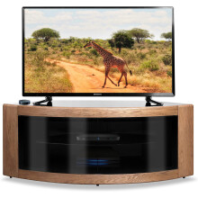Homeology PANGEA Black Oak Beam-Thru White Glass CurvedTru-Corner 32"-50" TV Cabinet