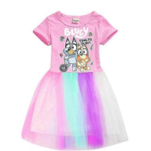 (11-12 Years, Pink) 3-12 Years Kids Girls Bluey Printed Dress Summer Casual Holiday Princess Party Rainbow Skirt Tutu Dress Gifts WHByv
