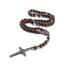 (dark brown) Catholic Cross Rosary Necklace, Natural Wood Prayer Beads With Medal Cross( Light Brown) - PJ