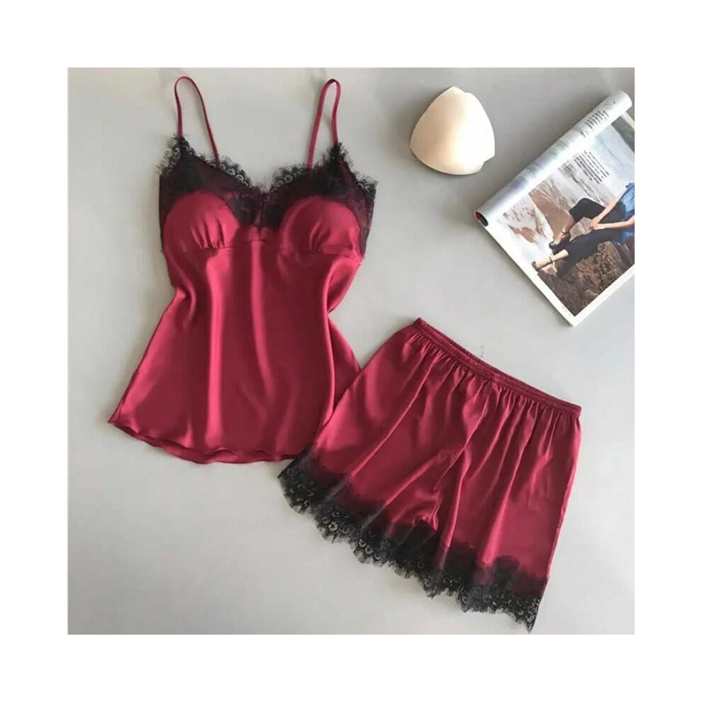 (ZY04, M 45-450kg) Women Pajama Suit Fashion V-Neck Lace Sexy Lingerie Pyjamas Sleep Shorts Set Sleepwear New