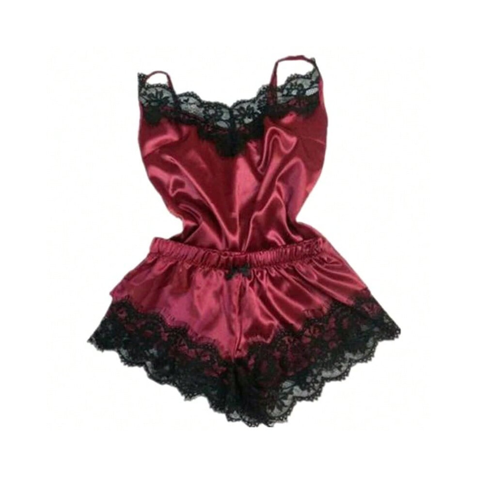 (Wine red, XXL) Fashion Nightwear Lace Trim Satin Cami Top Pajama Sets Sexy Hot Erotic Home Wear Women Pajamas Women Sleepwear Sleeveless Strap