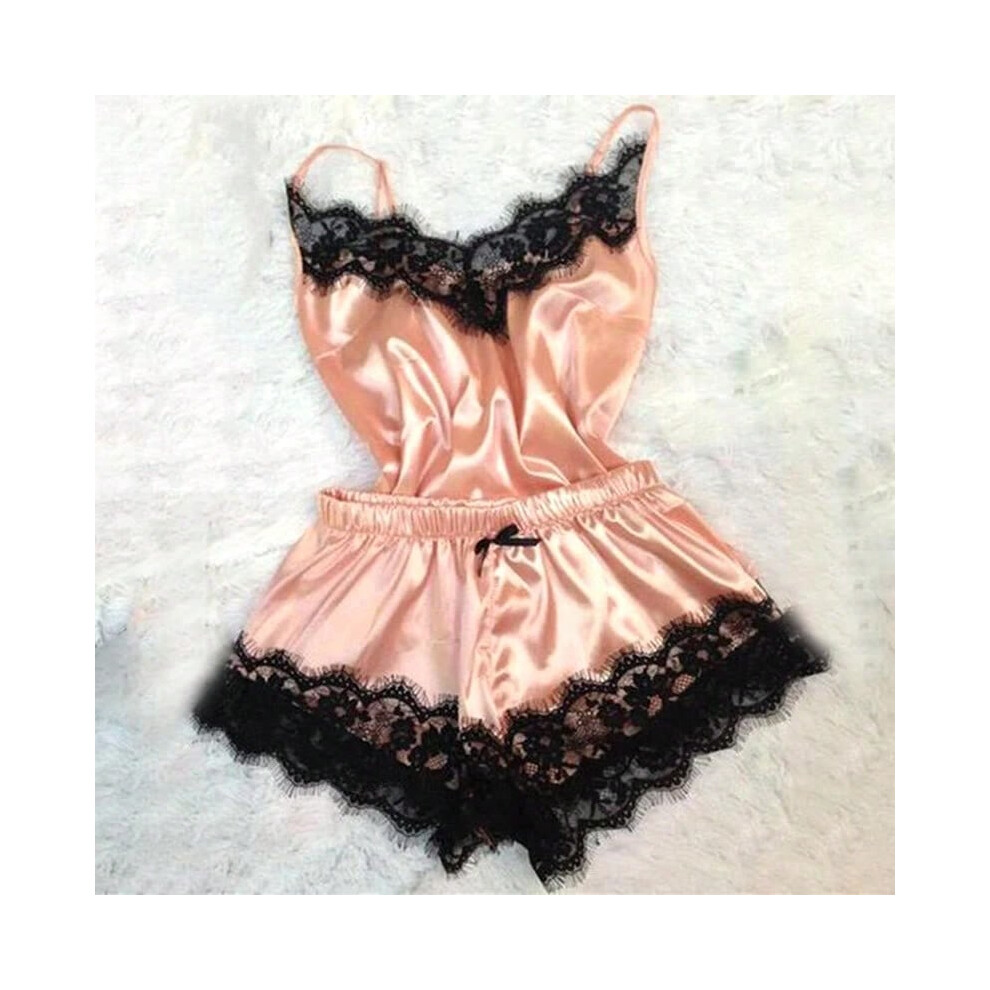 (Pink, S) Fashion Nightwear Lace Trim Satin Cami Top Pajama Sets Sexy Hot Erotic Home Wear Women Pajamas Women Sleepwear Sleeveless Strap