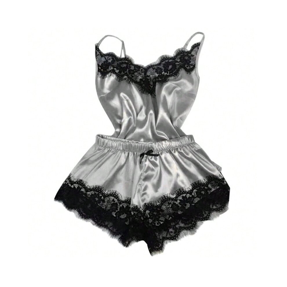 (Gray, M) Fashion Nightwear Lace Trim Satin Cami Top Pajama Sets Sexy Hot Erotic Home Wear Women Pajamas Women Sleepwear Sleeveless Strap