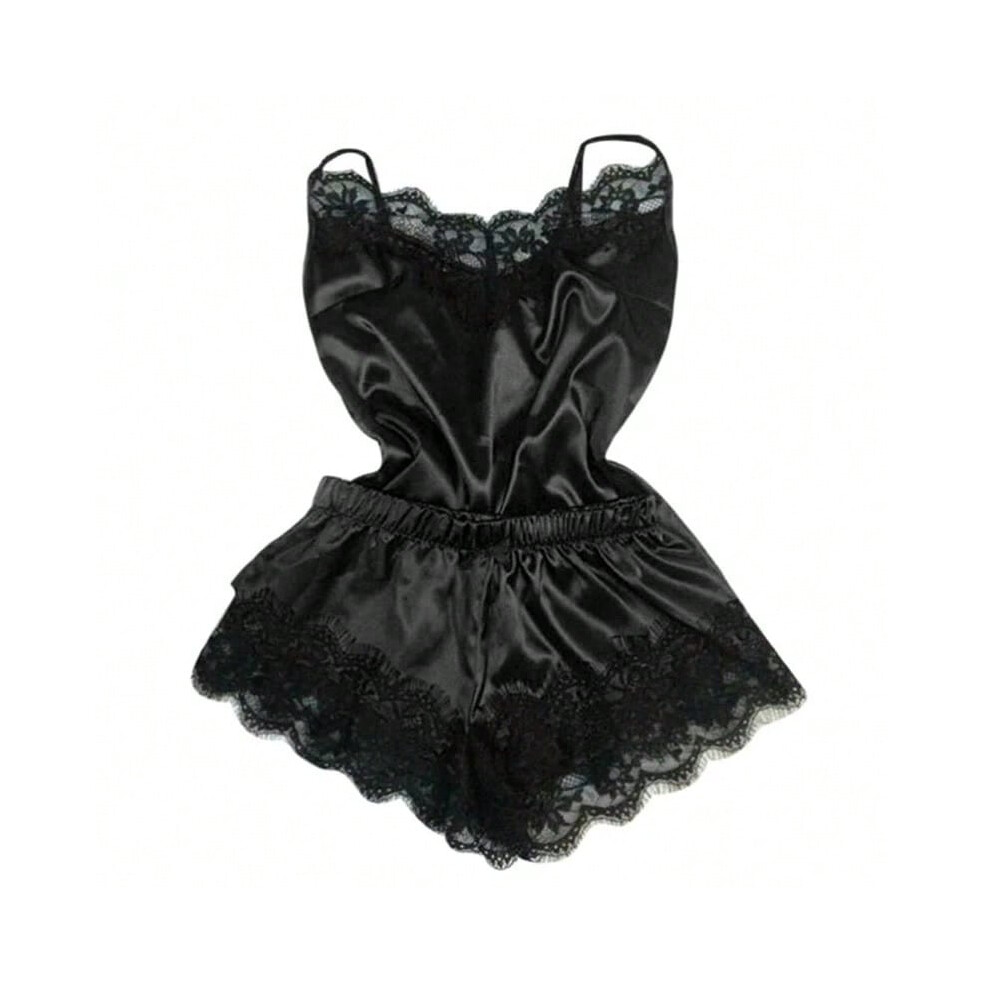 (Black, L) Fashion Nightwear Lace Trim Satin Cami Top Pajama Sets Sexy Hot Erotic Home Wear Women Pajamas Women Sleepwear Sleeveless Strap
