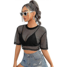 (M) Women's Sexy Fishnet Sheer Long Sleeve Blouse See Through Mesh Crop Top  S-3xl - Ri