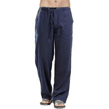 (2XL, Navy Blue) Men Solid Sports Loose Casual Pants Jogging Straight Yoga Trousers - Ri