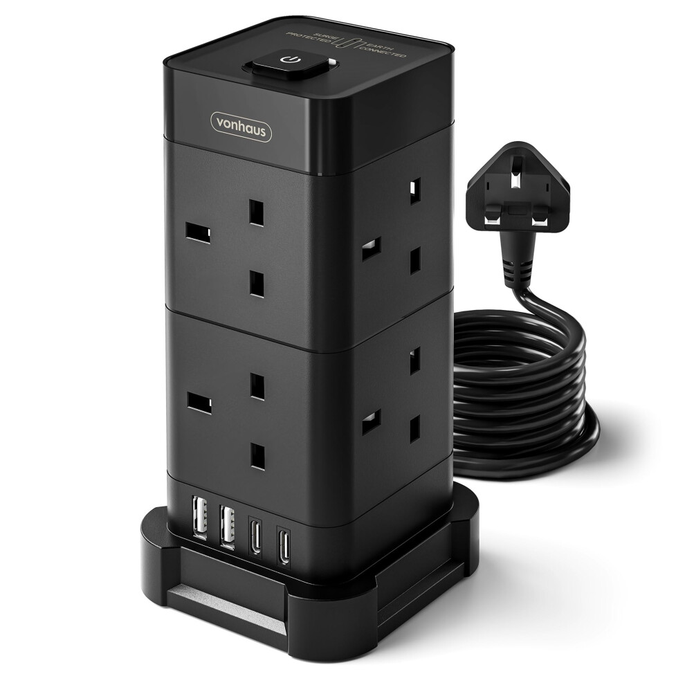 VonHaus Tower Extension Lead (3250W 13A), Surge Protection Extension Socket with 8 AC Outlets, 2 USB Ports & 2 USB-C Ports for Faster Charging, 2M Pl