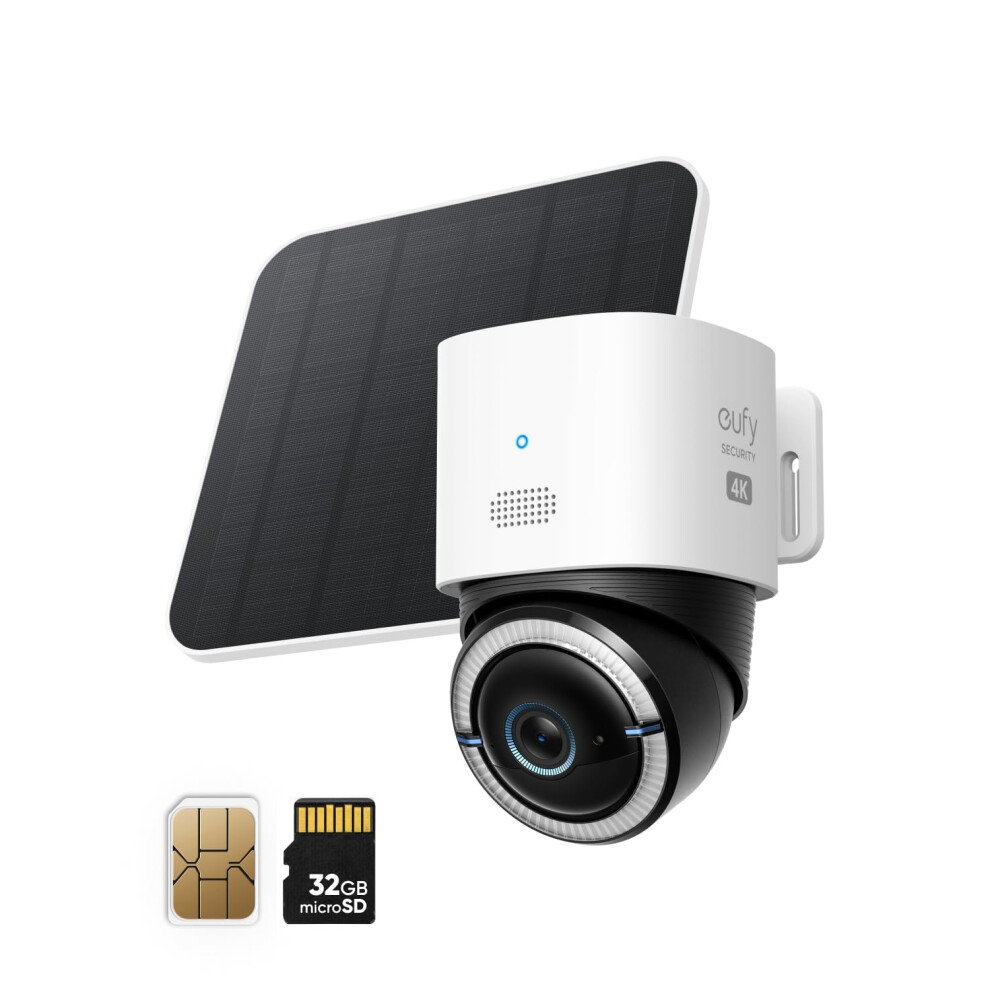 eufy Security 4G LTE Cam S330 with Wi-Fi, 4K UHD Pan Tilt, Wireless, Solar Powered with Solar Panel, AI Human/Vehicle Tracking, with SIM Card