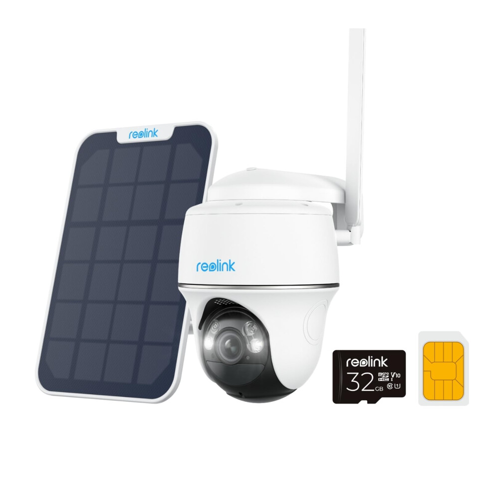 Reolink 4G LTE Cellular Outdoor Security Camera + 32GB SD Card, No WiFi Security Camera Outdoor Wireless Go PT Plus+Solar Panel, 3K HD Color Night Vi