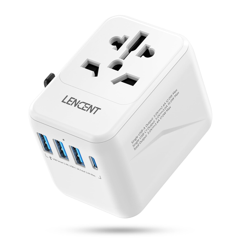 LENCENT Universal Travel Adapter Worldwide, International Travel Plug Adapter with 1 USB C and 3 USB A Ports, All in One Universal Charger for Multi