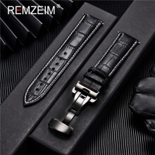 (24 mm, Schwarz, W-B) Uhrenarmband aus echtem Leder, Kalbsleder, für Herren und Damen, Ersatzarmband,