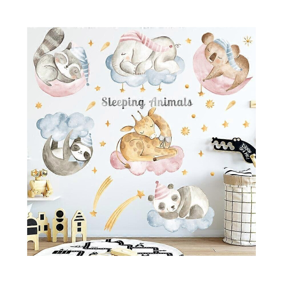 Autocollant mural aquarelle animaux endormis, aspirateur et balai (1 pièce)