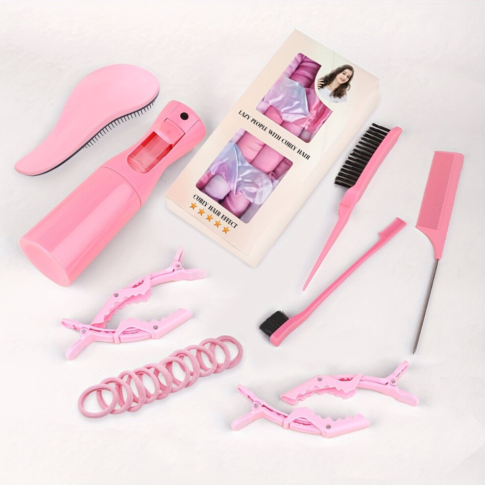 Coffret de coiffure pour femme 11 pièces : bigoudi rose, peigne démêlant, vaporisateur, 3 peignes, élastiques,