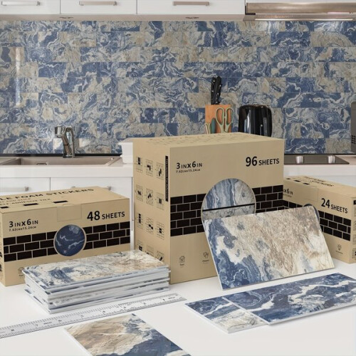 24/48/96 Pcs Blue Texture Simulated Marble Backsplash Πλακάκια κουζίνας και μπάνι 2