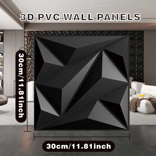 30 τμχ Πάνελ τοίχου 3D Diamond Texture, Μαύρο Pvc, Γεωμετρικό Σχέδ